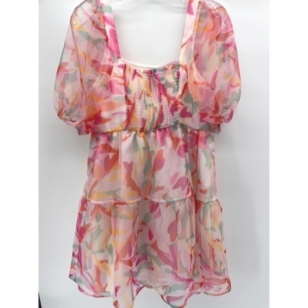 CROSBY by Mollie Burch Floral Smocked Mini Dress Pink Orange XS New